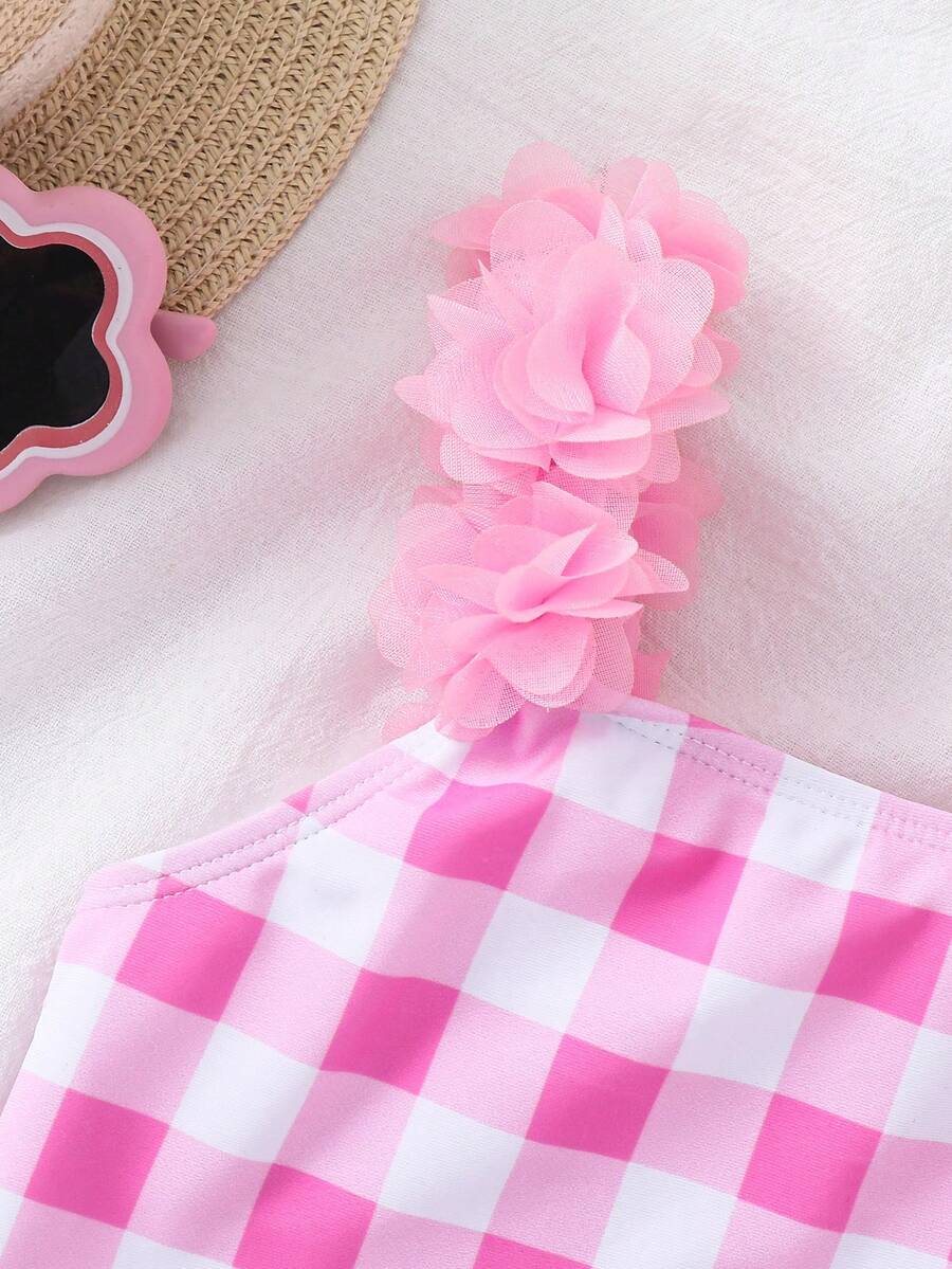 Emery Rose Kids Young Girl Plaid 3D Floral Trim Swimsuit, Spring/Summer - Baby Pink - View 1