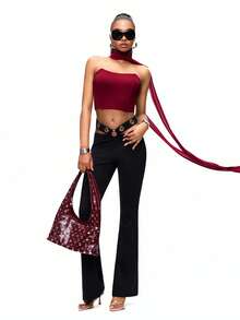 TypaGal 女士时尚街头朋克风镂空腰部喇叭裤 - 黑色 - 查看 3