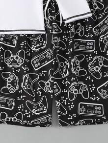 Teen Boys Swimsuit Set White Game Console Positioned Printed Long Sleeve Rash Guard With Beach Pants,Summer Streetwear Holiday Casual Bathing Suit - Black and White - View 6