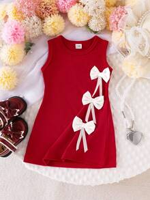 Elladie kids 可爱女婴无袖酒红色纯色短款吊带连衣裙，带纽扣和白色蝴蝶结装饰；女婴圆领无袖红色短款连衣裙，饰有白色蝴蝶结 - 酒紅色 - 查看 7