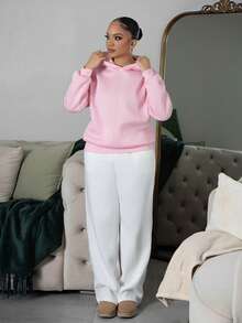 Melissa Matos Conjunto de verano para mujer, sudadera con capucha de color rosa sólido, de manga larga, sin cordón, de estilo casual y sencillo, oversize - Rosa - Ver 5
