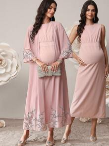 SHEIN 两件套孕妇花卉贴花喇叭袖睡袍和圆领无袖连衣裙优雅套装 - 粉色 - 查看 8