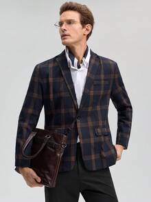 Officeau 1pc New Casual Men's Black And White Plaid Blazer, Suitable For Spring And Autumn Everyday Wear - Navy Blue - View 4