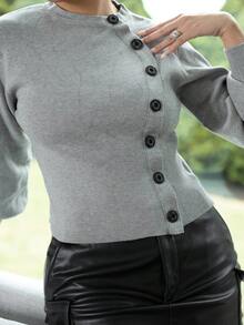 Melissa Matos 女士优雅不对称纽扣开衫，秋冬 - 灰色 - 查看 5