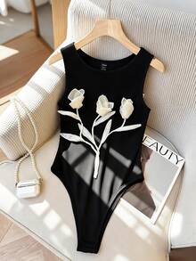 Franclia Women's Fashion Front Center 3D Floral Bodysuit - Black - View 2