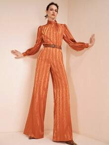 Arave Women's Woven Casual Puff Sleeve Design Stand Collar Long Sleeve Jumpsuit, Party Outfit Orange Outfit Women Straight Trousers Burnt Orange Outfits - Orange - View 3