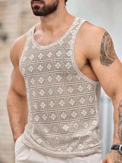 HIMLAND Men's Casual Textured Fabric Tank Top, Suitable For Daily Wear And Vacation Suitable For Summer Embossed Fabric Jacquard Fabric For Husband Boyfriend Gift Simple Fashion Commuting Short Sleeve T-Shirt Men's Solid Color Large Crew Neck Hollow-Out Jacquard Knit Tank Top, Summer