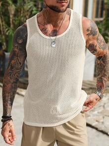 男士夏季休闲度假风纯色镂空提花宽松背心 - 杏色 - 查看 3