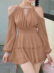 Celisse 女士优雅纯色露肩灯笼袖休闲连衣裙