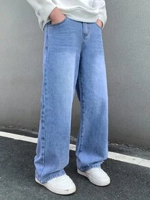 SHEIN Thời trang nam tuổi teen: Phong cách thường ngày, cổ điển, cá tính, đường phố, thoải mái và đơn giản. Quần jeans xanh dáng rộng, thoải mái, phù hợp mặc hàng ngày, mùa xuân hè, dự tiệc và đường phố. - Màu xanh lam - Xem 1