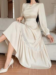 DAZY 女士优雅蕾丝拼接圆领泡泡袖长连衣裙，春夏连衣裙/吊带裙 - 杏色 - 查看 6