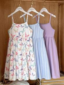 Vintaside Kids Girls' 3-Piece Camisole Dress Set, Elastic Leopard Print & Striped Sleeveless Dress, Perfect For Summer Vacation Parties With Multi-Color Casual Collars, Color Blocking, Leopard Print, Floral Prints, Camisole Vest Embellishment, Medium Elasticity - Multicolor - View 6