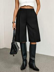 SHEIN Tall Casual Black Woven Fabric Bermuda Shorts For Women Zipper Detail Straight Leg Mid-Length - Black - View 9