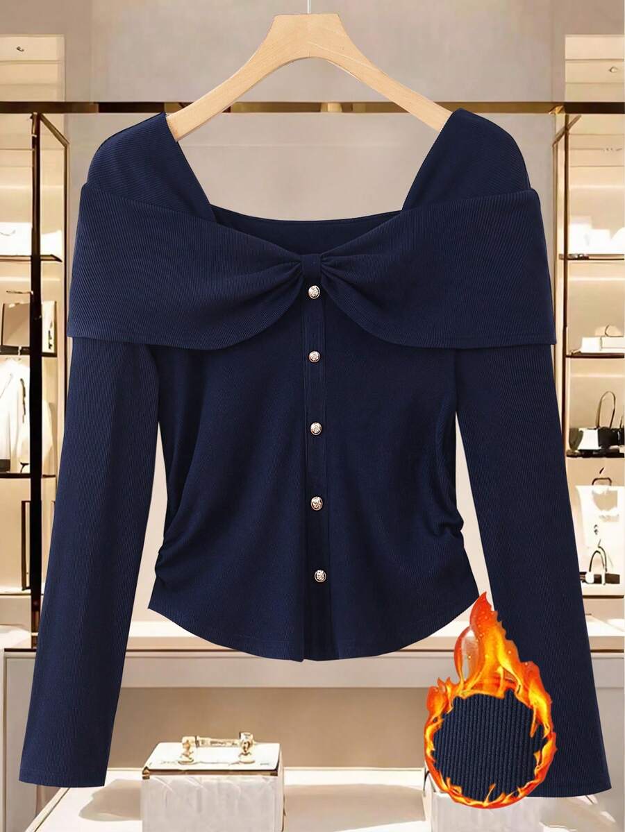 GlowEve CURVE Plus Size Soft & Elegant T-Shirt, Versatile Design For Daily, Commute, Date, Wedding, Party, Slimming Dark Blue Top Navy Top Blue Long Sleeve Top Navy Blue Top Ribbed Knit Top - Black - View 1