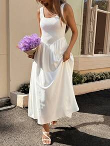 DAZY 女士方领收腰中长连衣裙，度假款 - 白色 - 查看 5