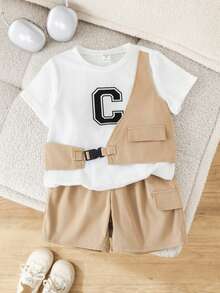 SHEIN Little Byeori Bộ 2 món gồm áo thun cổ tròn và quần short kaki dáng rộng, thích hợp cho bé trai, phù hợp mặc hàng ngày, thể thao, dã ngoại, đi học, tụ họp, lễ hội, biểu diễn và chụp ảnh. - Màu Khaki - Xem 6