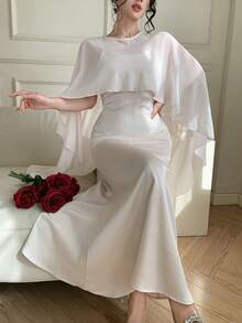 DAZY 女款優雅純色無袖洋裝附不對稱罩衫，2件套，春/夏 - 米色 - 查看 6