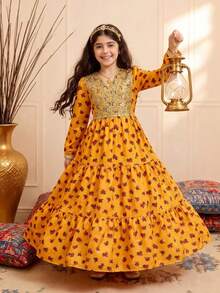 SHEIN Tween Girl Floral Retro Print Dress - Yellow - View 5