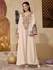 Al Najma Jubah Kaftan Lengan Panjang Motif Geometris Kasual, Abaya Turki Minimalis Konservatif, Jalabiya Tradisional - MultiWarna - View 3