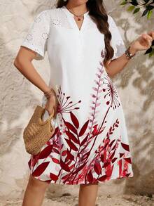EMERY ROSE Plus Size Women Eyelet Embroidery Patchwork Floral Print Summer Dress - Red - View 3