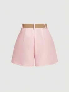 SHEIN MOD Quần short nữ thanh lịch in họa tiết hoa, có thắt lưng dệt, thích hợp cho mùa xuân, mặc hàng ngày, đi vườn, đi nghỉ mát. - Hồng - Xem 3