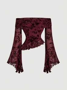 SHEIN MOD Áo thun nữ kiểu vintage trễ vai màu đỏ tía, chất liệu lưới jacquard, tay loe, vạt bất đối xứng, xếp nếp, thích hợp cho Ngày Valentine, trang phục lễ hội, đi biển, nghỉ mát, phong cách retro, vintage, áo đi chơi. - Màu Đỏ Sâu - Xem 2