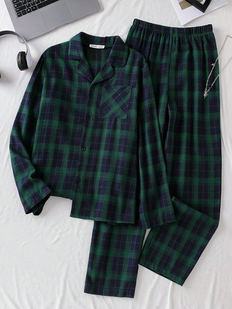 Winter  2pcs Men's Casual Plaid Shirt & Pants Pajama Set, Classic Minimalist Design Pajama Set Teen Boys