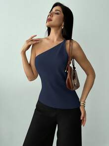 Firerie 新款优雅杏色亚麻不对称下摆褶皱腰部露背休闲衬衫，春夏款 - 藏蓝色 - 查看 3