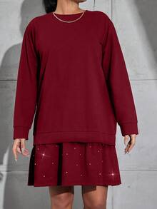 SHEIN Cottnline Plus Size Women Solid Color Round Neck Long Sleeve Ruffle Hem Casual Loose Dress - Burgundy - View 3