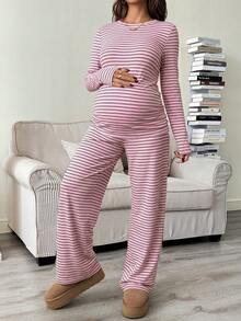 SHEIN Striped Fitted Set: Round Neck Long Sleeve T-Shirt And Adjustable Waist Wide Leg Pants Two Piece Set Women Comfy Modest Two Piece Set Two Piece Lounge Set Maternity 2 Piece Set Comfortable Two Piece Set - Pink - View 6
