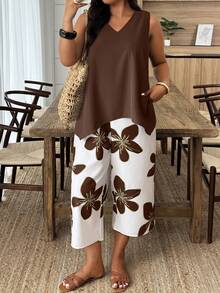 Weeklong Bộ đồ 2 món phong cách du lịch thường ngày cỡ lớn có họa tiết chắp vá hoa - màu nâu - Xem 3