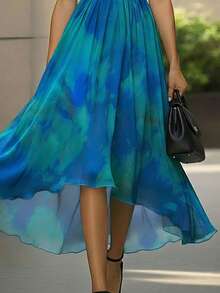 Balvessa Sleeveless Round Neck Ink Gradient Digital Print Belted Waist Bowknot Maxi Dress For Women - Multicolor - View 5