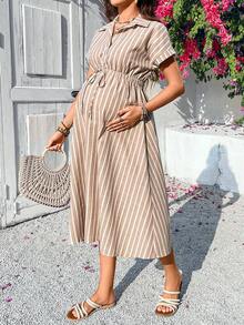 SHEIN 孕妇条纹蝙蝠袖系腰休闲衬衫裙 - 卡其色 - 查看 4