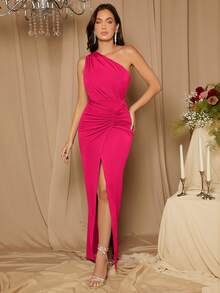 SHEIN Belle 优雅纯色单肩高开衩伴娘礼服 - 玫紅色 - 查看 3