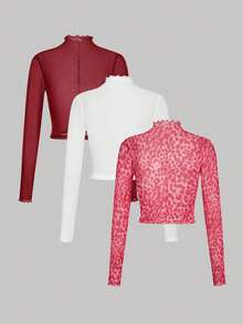 SHEIN MOD 女士荷叶边领长袖修身网纱上衣，多件装 - 酒紅色 - 查看 2