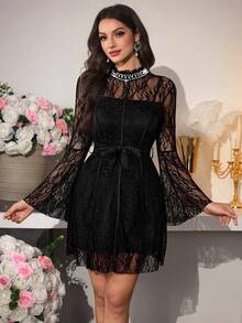 Modelyn Đầm ngắn dáng chữ A tay xòe thanh lịch với ren và ngọc trai trang trí, kiểu dáng vừa vặn, thích hợp cho mùa xuân/thu. - màu đen - Xem 3