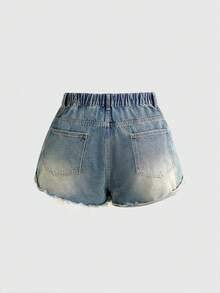 ROMWE Grunge Punk Quần short denim dáng rộng màu xanh dương bạc màu, rách nhẹ, gợi cảm, đính đá, thích hợp mặc đi biển mùa hè. - Màu xanh lam - Xem 3