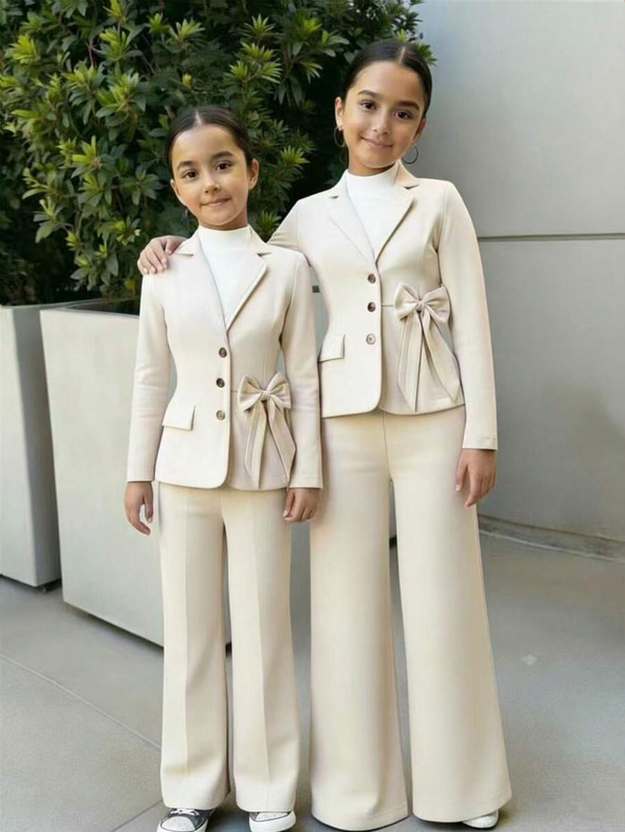 适合大龄少女的春秋季粉色条纹西装套装：时尚单排扣西装，饰有蝴蝶结，宽松阔腿裤——完美适用于派对、学校活动、家庭聚会和半正式场合，舒适透气，适合凉爽季节。 - 杏色 - 查看 1