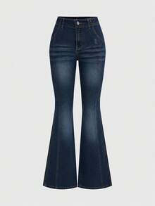 ROMWE Grunge Punk Quần jeans ống loe ôm sát, phối màu theo phong cách Y2K Millennium Babe dành cho nữ. - Màu xanh lam - Xem 2