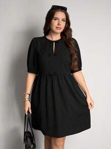 Comfylo Đầm nữ cỡ lớn kiểu dáng đơn giản, màu trơn, cổ mở, tay phồng, eo thắt, thích hợp mặc hàng ngày đi làm. - màu đen - Xem 8