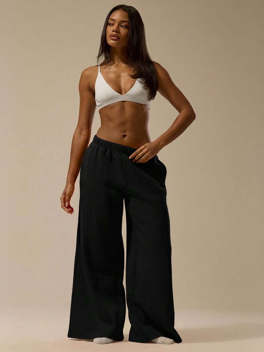 MUSERA ESSENTIALS Oversized Wide Leg Drawstring Joggers Casual Everyday Relaxed Basic Sweat - Black - View 1