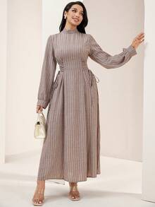 Veilorie 女士优雅条纹印花立领系腰阿拉伯风格连衣裙，春秋季 - 卡其色 - 查看 6