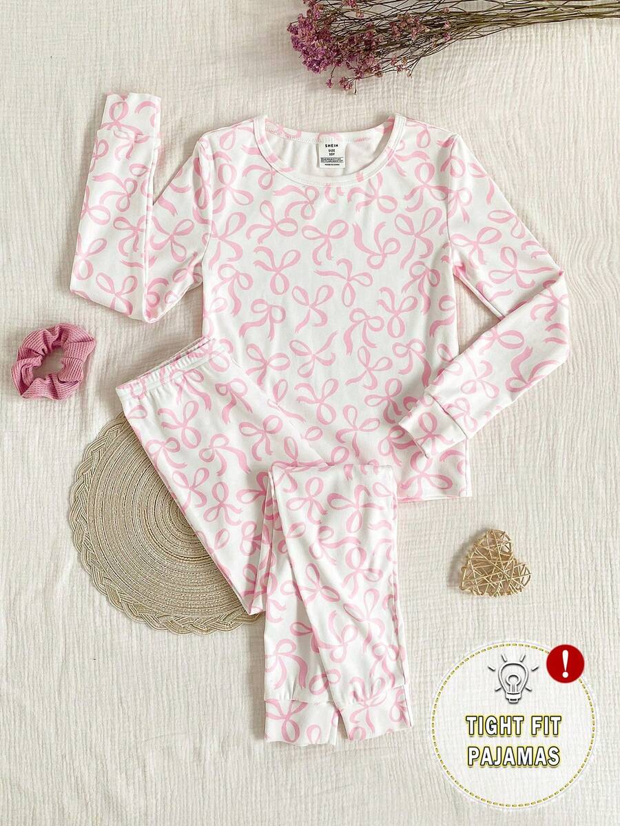 SHEIN 女童蝴蝶印花休闲舒适两件套睡衣套装，包含长袖上衣和裤子，舒适贴身 - 粉色 - 查看 1