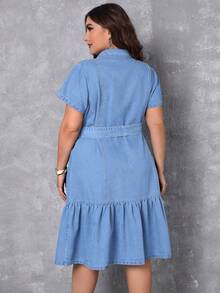 EMERY ROSE Plus Size Women Short Sleeve Single-Breasted Ruffle Hem Casual Denim Shirt Dress - Blue - View 2