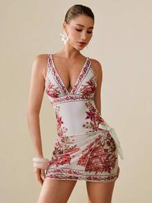 SHEIN Swim Oasis 女士优雅休闲波西米亚风中式蓝白热带棕榈树花卉印花连体泳衣及沙滩罩衫套装，适合海滩度假 - 彩色 - 查看 15