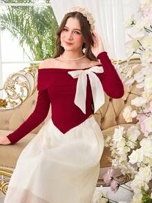 2pcs/Set Spring/Autumn Teen Girls Elegant Ruffled Drop-Shoulder Bowknot Blouse & Shiny Fluffy A-Line Long Skirt Suit, Suitable For Daily, Commute, Casual, Vacation, Party