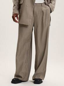Musero Men Pinstripe Oversized Smart Casual Tailored Trousers , Tailoring Suits Spring&Summer - Khaki - View 2