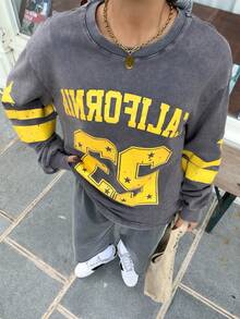 Muchica 女士休闲时尚街头风宽松版型数字、字母和星星印花落肩圆领卫衣，春秋季 - 彩色 - 查看 1