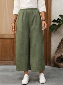 Rusticease 女士休闲日常通勤简约纯色弹力腰宽松阔腿裤 - 綠色 - 查看 3