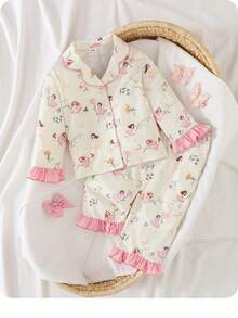 SHEIN 2件套女婴可爱休闲粉色蝴蝶结荷叶边长袖T恤和松紧腰裤套装